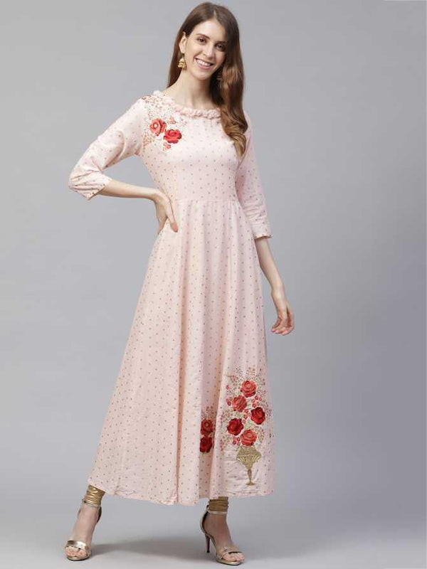 Women Peach & Gold Anarkali Kurta by Ishin (1pc) - Indiakreations