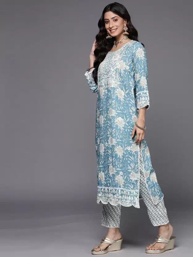 KSUT Women Blue Pure Cotton Floral Embroidered Thread Work Kurta with Trousers & Dupatta - Indiakreations