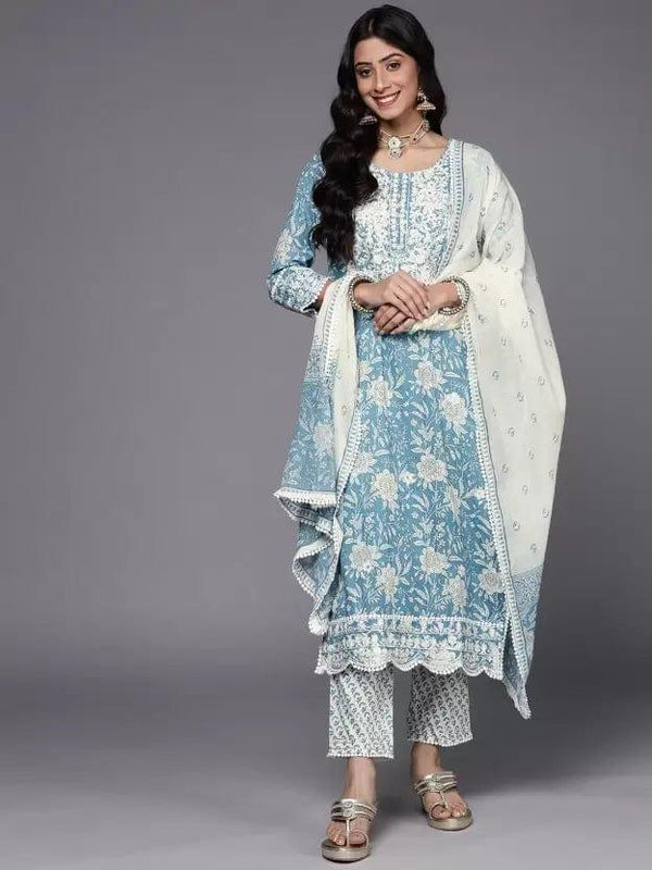 KSUT Women Blue Pure Cotton Floral Embroidered Thread Work Kurta with Trousers & Dupatta - Indiakreations