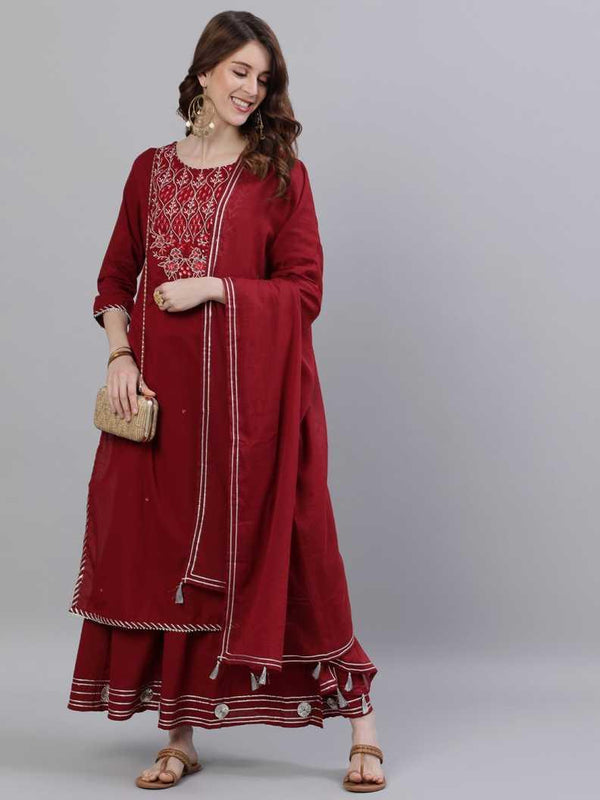 Women Maroon Cotton Kurta with Sharara & Dupatta by Ishin (3pcs Set) - Indiakreations