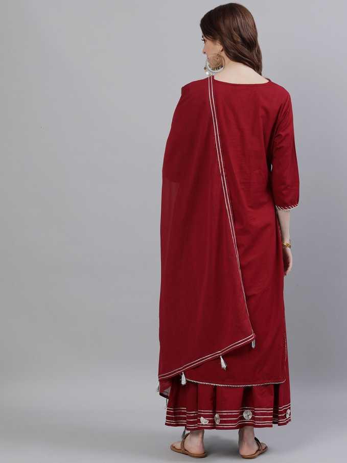 Women Maroon Cotton Kurta with Sharara & Dupatta by Ishin (3pcs Set) - Indiakreations