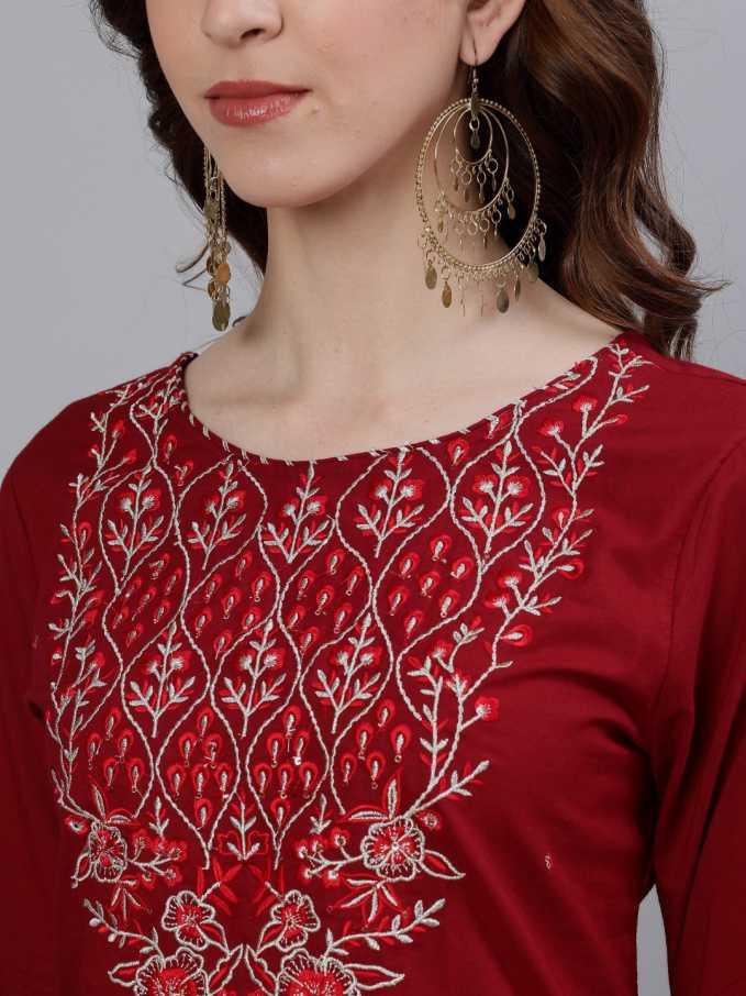 Women Maroon Cotton Kurta with Sharara & Dupatta by Ishin (3pcs Set) - Indiakreations