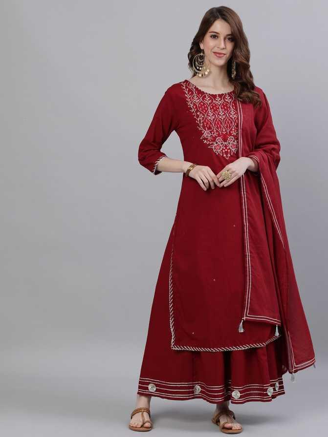 Women Maroon Cotton Kurta with Sharara & Dupatta by Ishin (3pcs Set) - Indiakreations