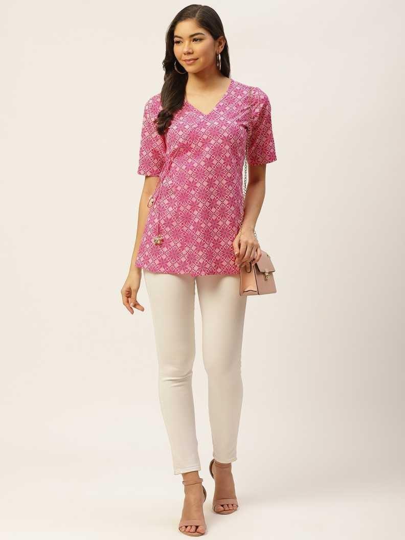 Women's Casual Regular Sleeves Floral Print Pink Top - Noz2Toz - Indiakreations