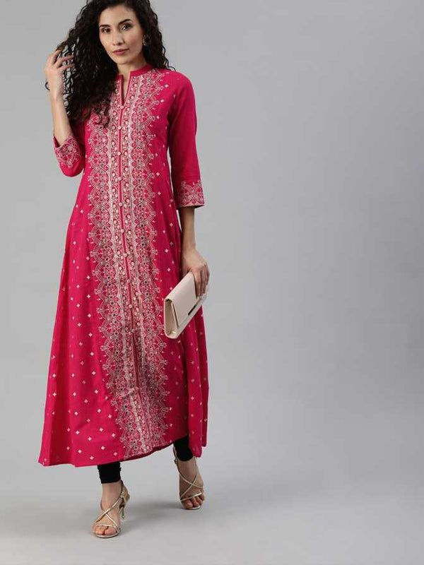 Women's Cotton Pink Embellished Anarkali Kurta - Ishin