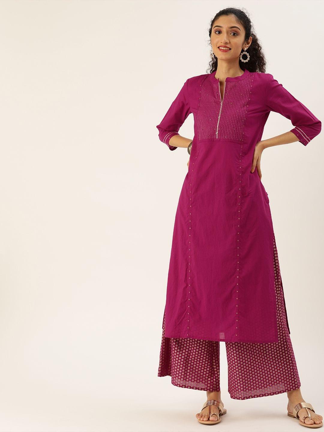 Women Magenta & White Printed Kurta With Palazzos - Indiakreations