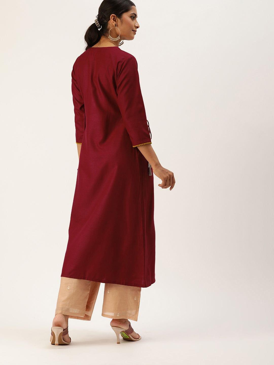 Women Maroon Embroidered A-Line Kurta With Waist Tie-Ups - Indiakreations