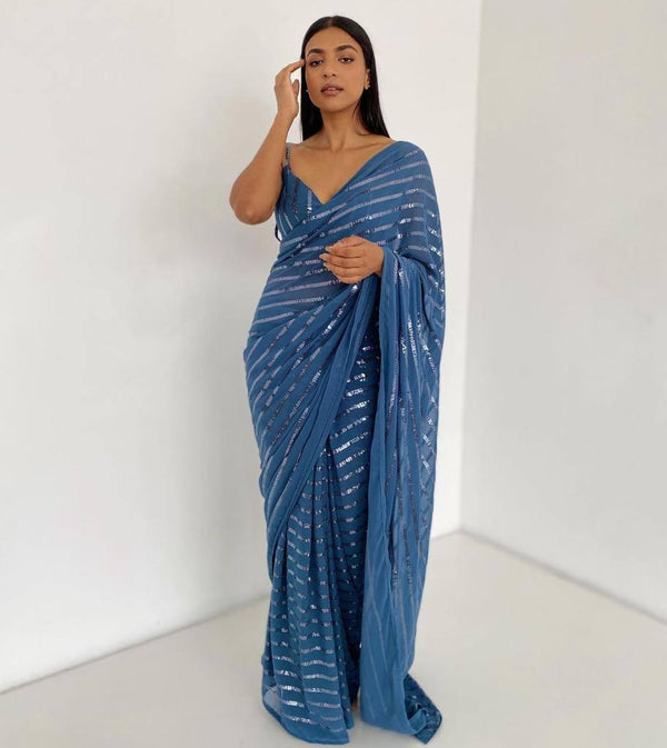 Yale Blue Georgette Premium Sequins Saree - Indiakreations