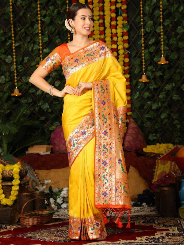 Yellow Banarasi Silk Paithani Saree - Indiakreations