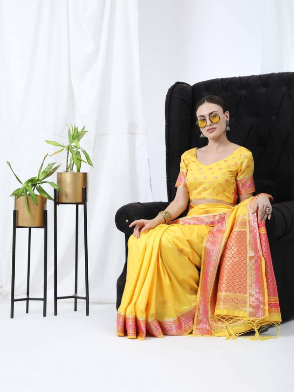 Yellow Banarasi Silk Saree - Indiakreations