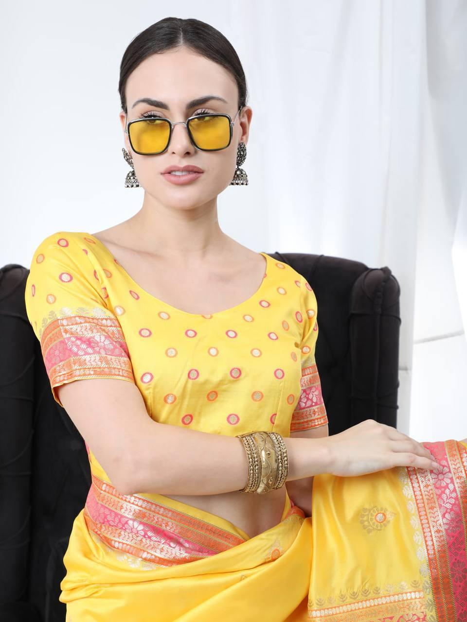 Yellow Banarasi Silk Saree - Indiakreations