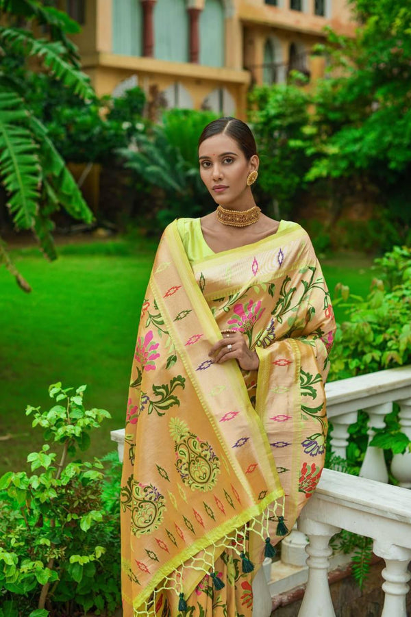 Yellow Floral Banarasi Silk Saree - Indiakreations