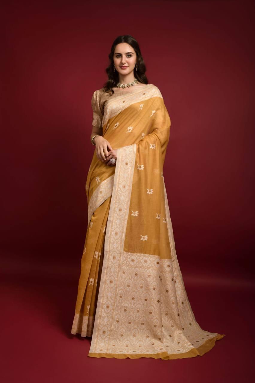 Yellow Floral Lucknowi Chikankari Saree - Indiakreations