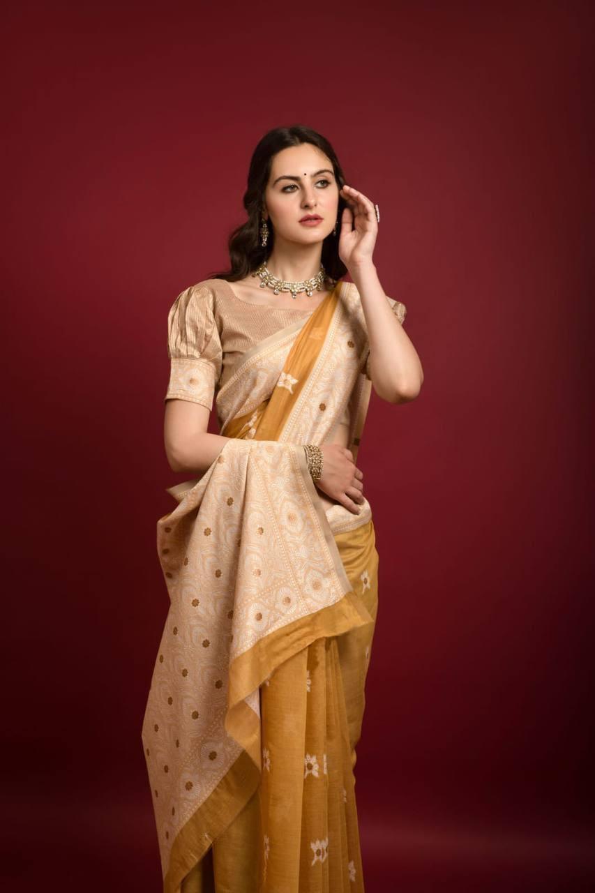 Yellow Floral Lucknowi Chikankari Saree - Indiakreations