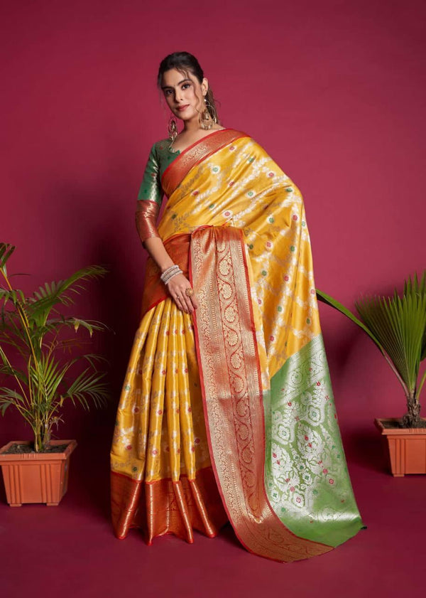 Yellow Kanjivaram Silk Saree - Indiakreations