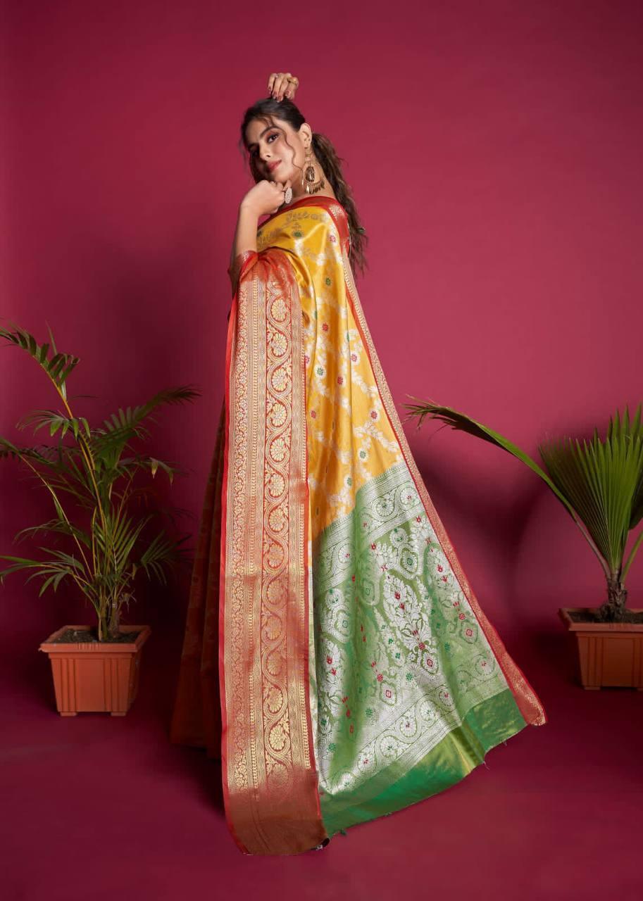 Yellow Kanjivaram Silk Saree - Indiakreations