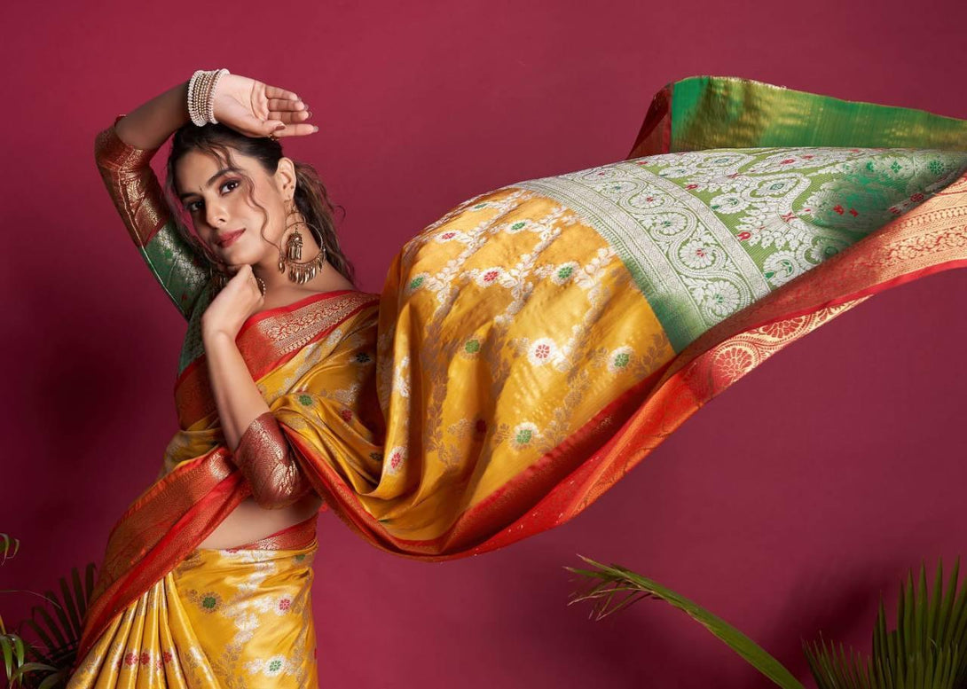 Yellow Kanjivaram Silk Saree - Indiakreations