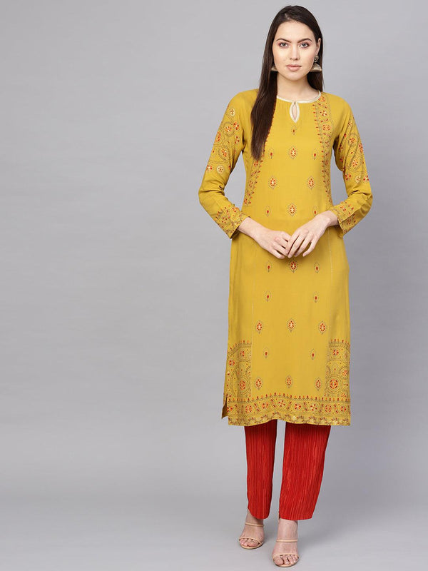 Yellow Printed Rayon Kurta