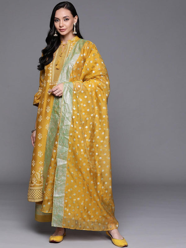 Yellow Printed Silk Blend Straight Kurta With Palazzos & Dupatta