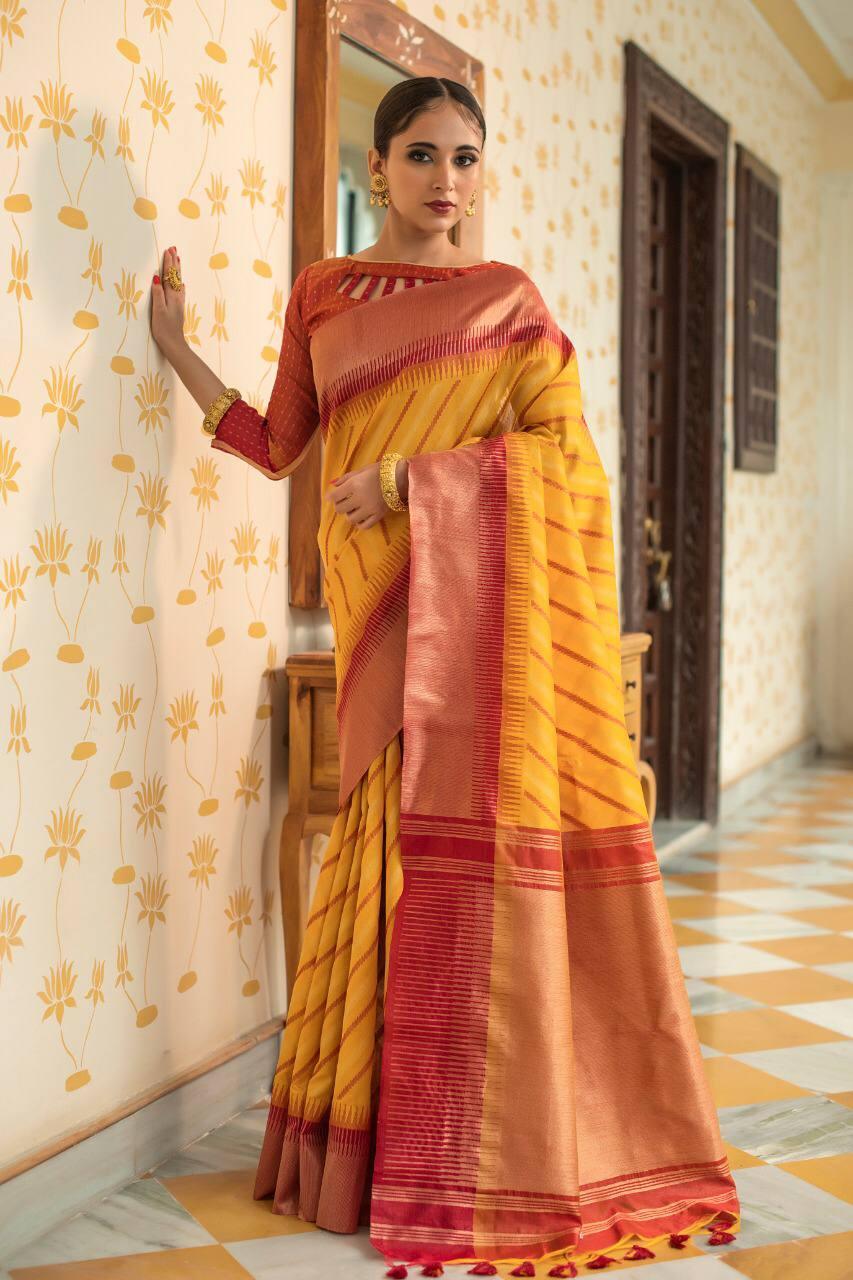 Yellow Stripes Semi Tussar Silk Saree - Indiakreations