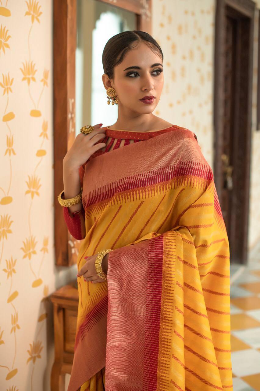 Yellow Stripes Semi Tussar Silk Saree - Indiakreations