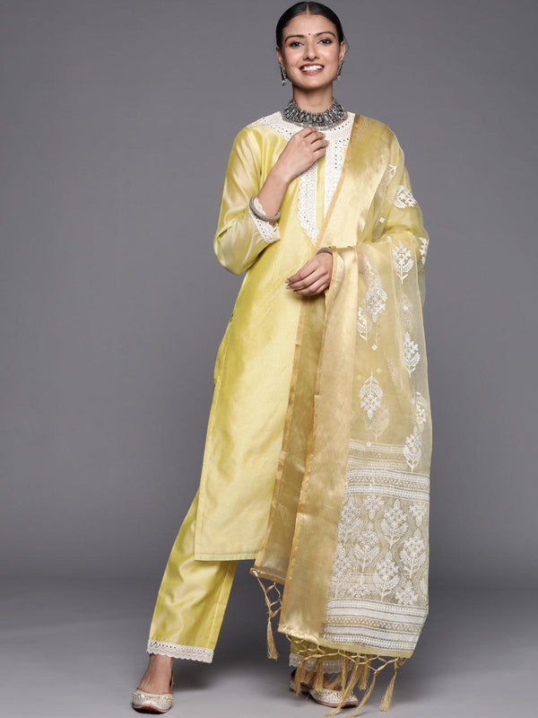 Yellow Yoke Design Chanderi Silk Straight Kurta With Dupatta