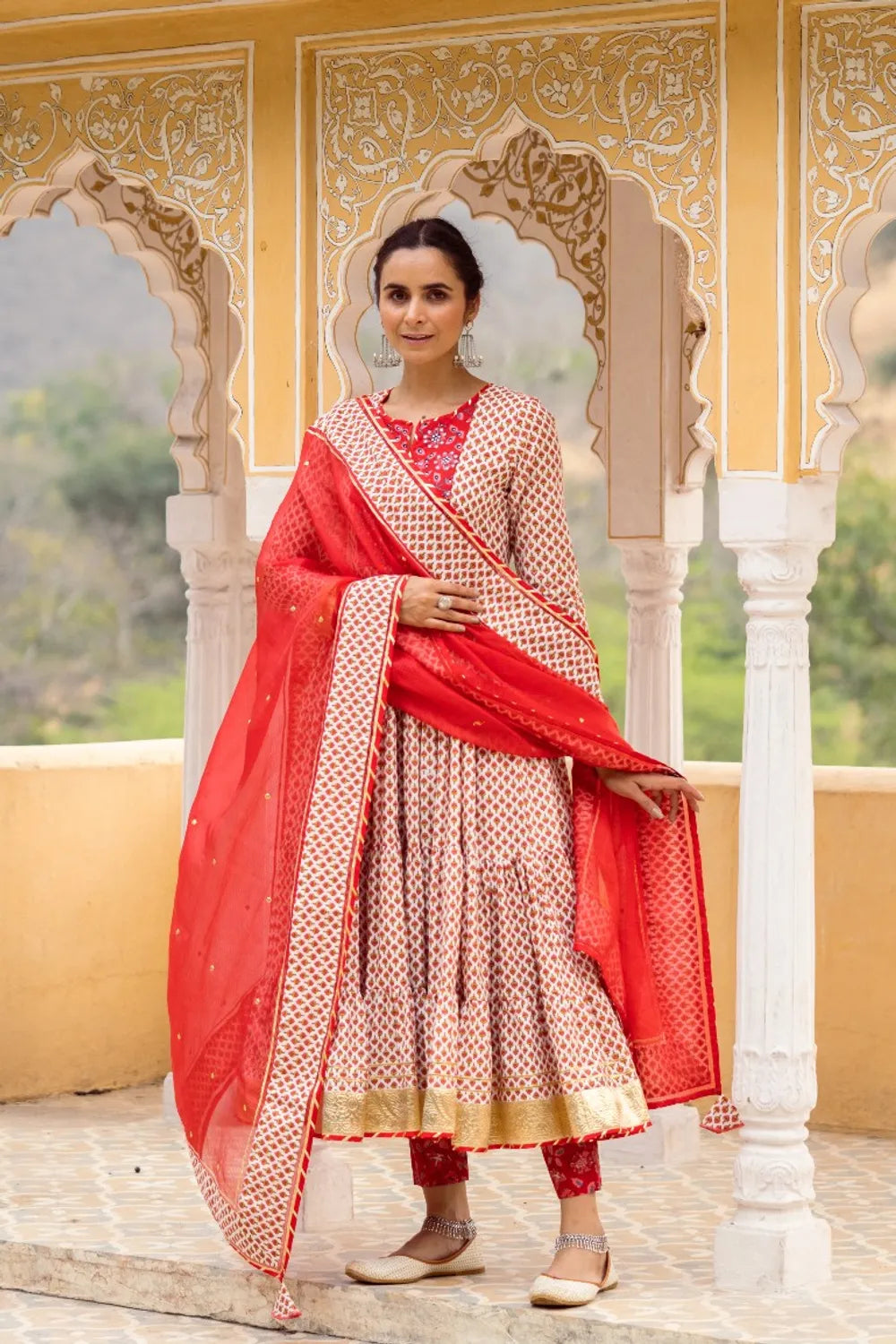 Red tier Anarkali Set - Indiakreations