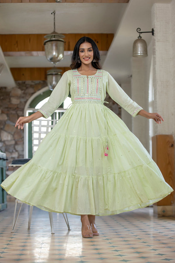 Women's Green Mirror Embellishment Anarkali Kurta - KAAJH