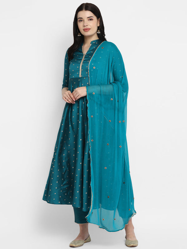 Women's Rama Color Polyster blend Self Design Kurta Pant With Dupatta  - VAABA