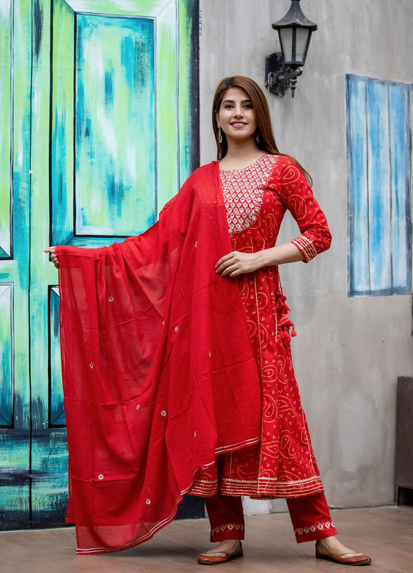 Women's Red Bandhej Printed Anarkali Suit Set - KAAJH