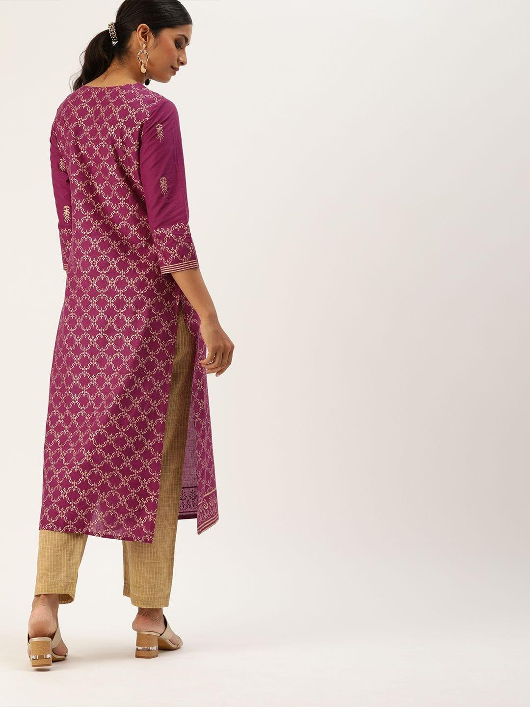 Women Magenta Pink & Gold-Toned Foil Printed Straight Kurta - Indiakreations