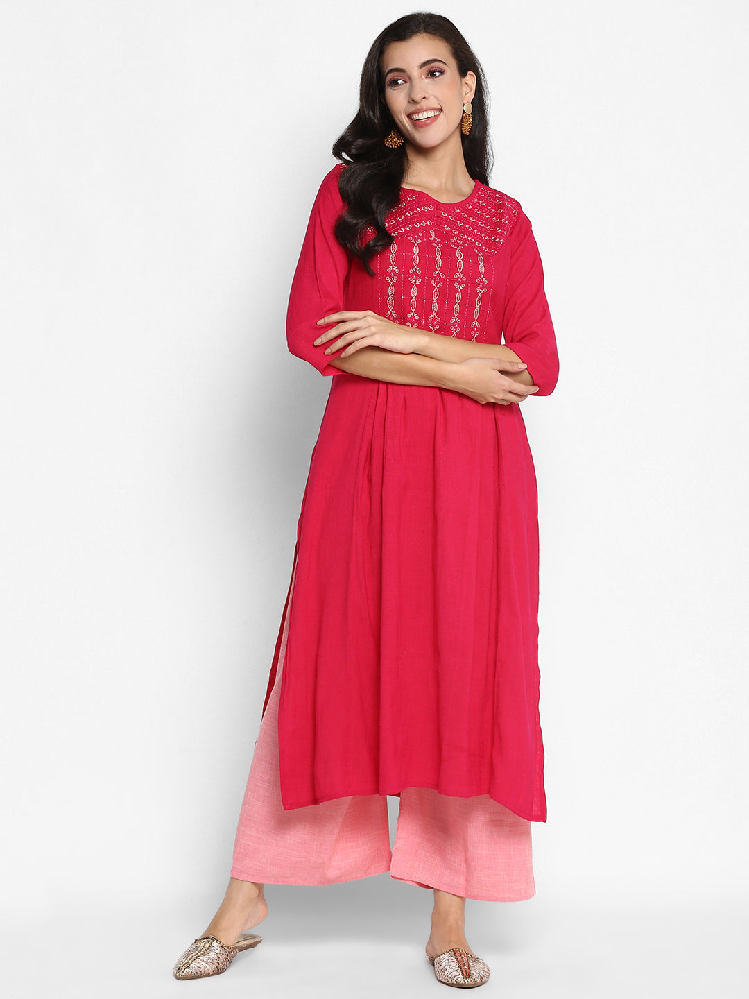 Women's Rani Color Embroidery Rayon Blend  Solid A-Line Flared Kurta - Vaaba