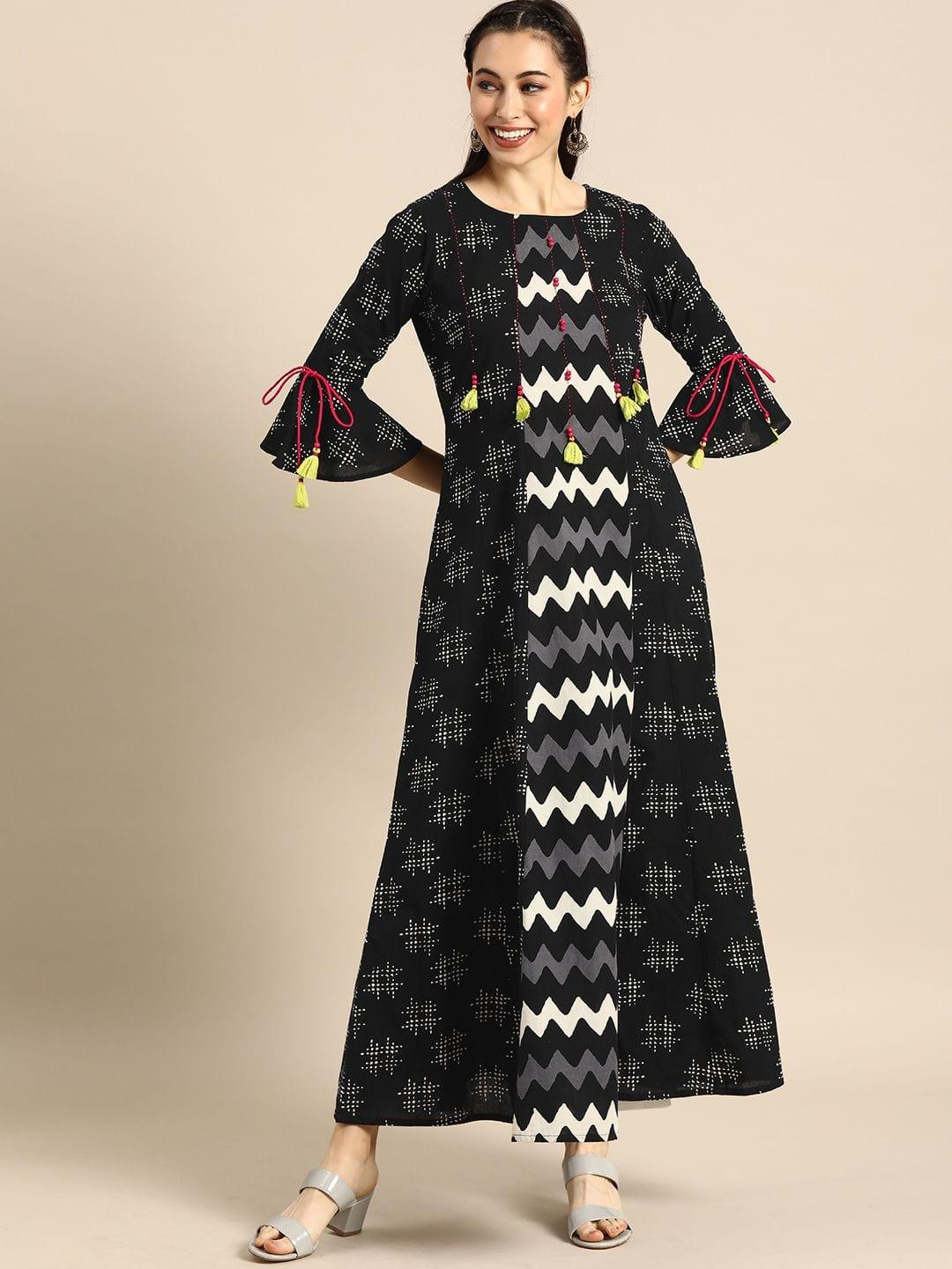 Black & White Printed Bell Sleeves Anarkali Kurta - Indiakreations