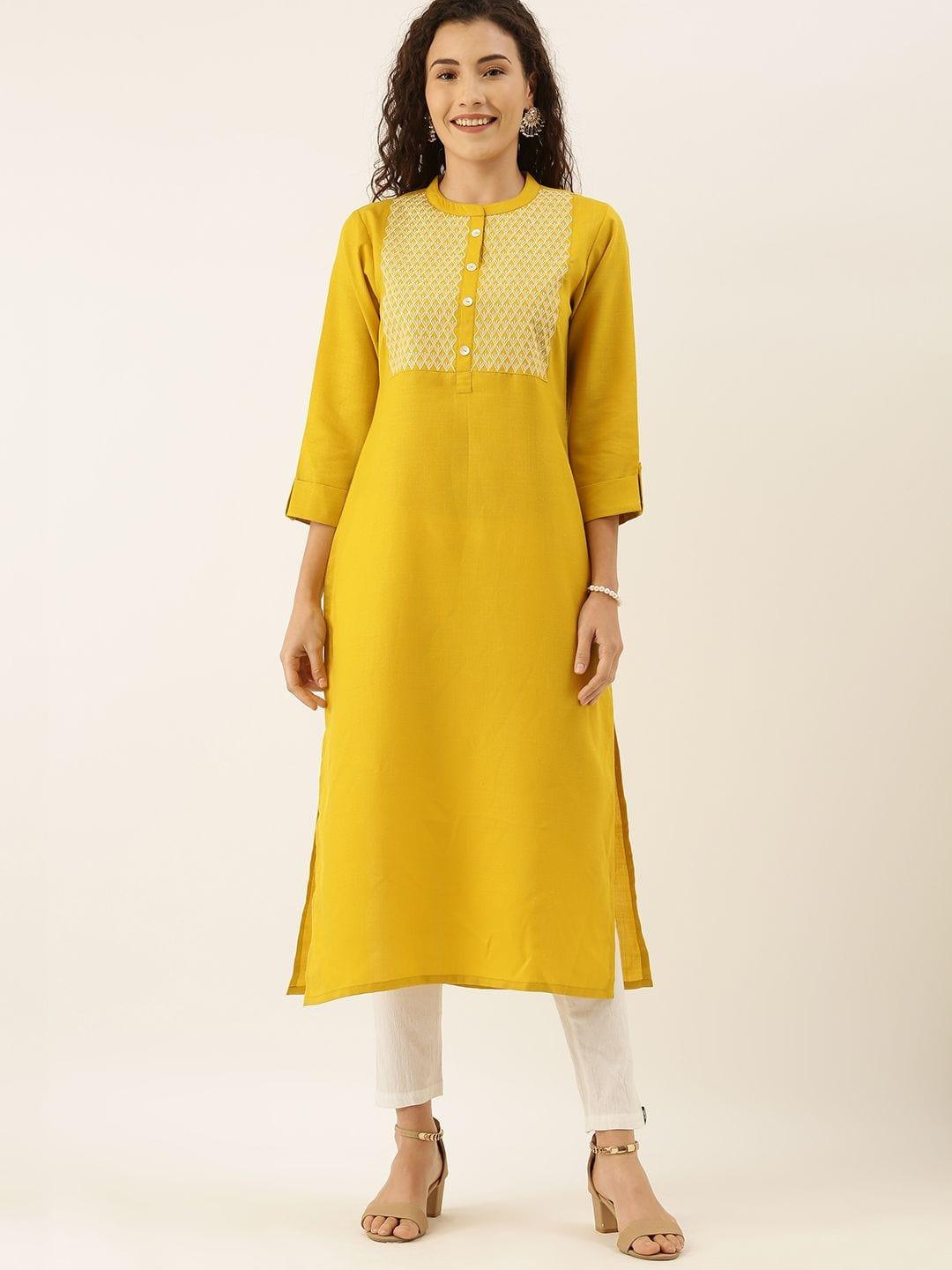 Women Mustard Yellow & White Yoke Design Straight Kurta - Indiakreations