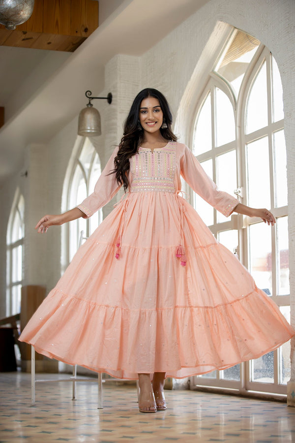 Women's Peach Mirror Embellishment Anarkali Kurta - KAAJH