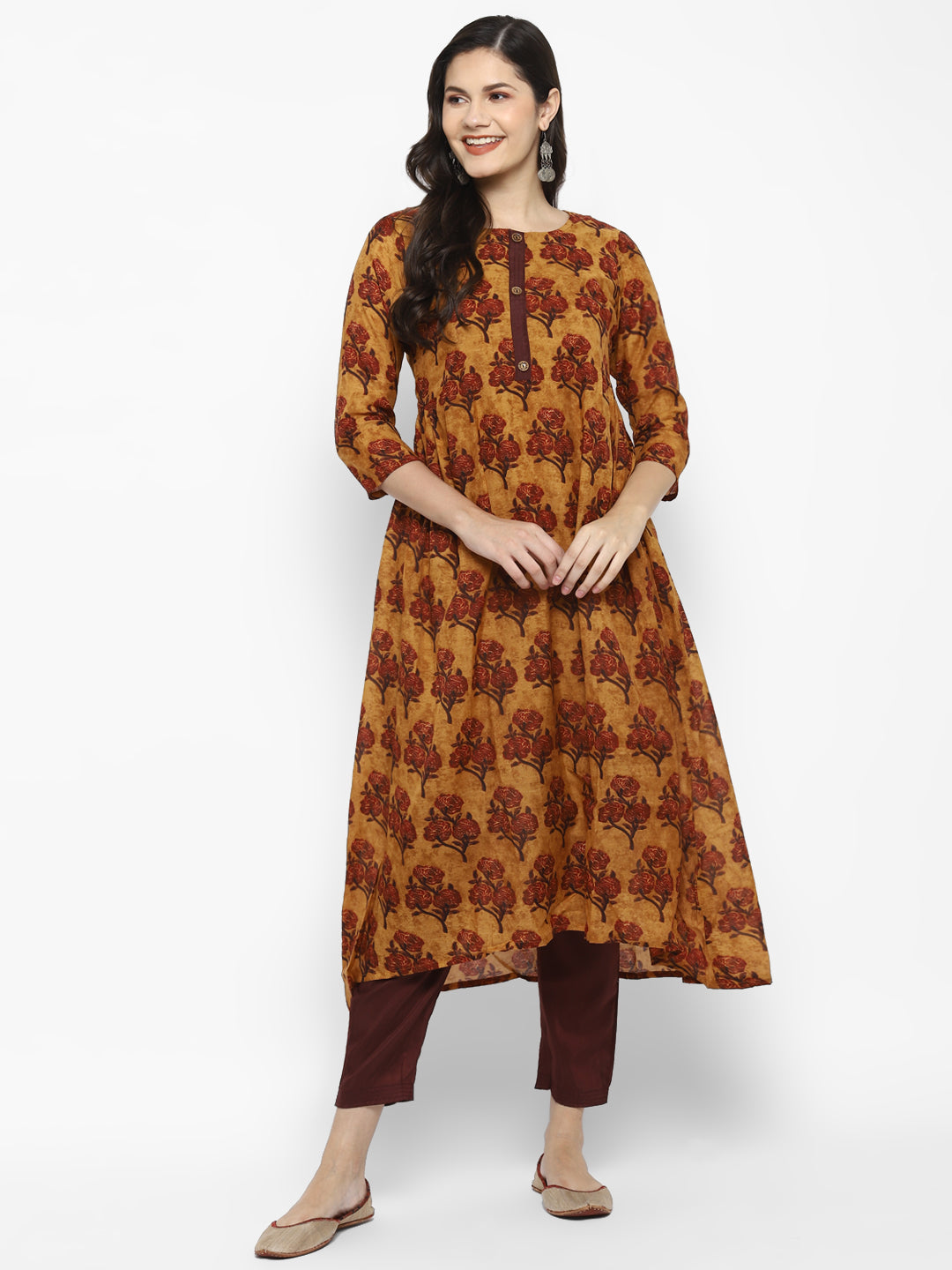 Women's Rust Color Chanderi Silk Blend Straight A-Line Digital Printed Kurta pant Set - VAABA