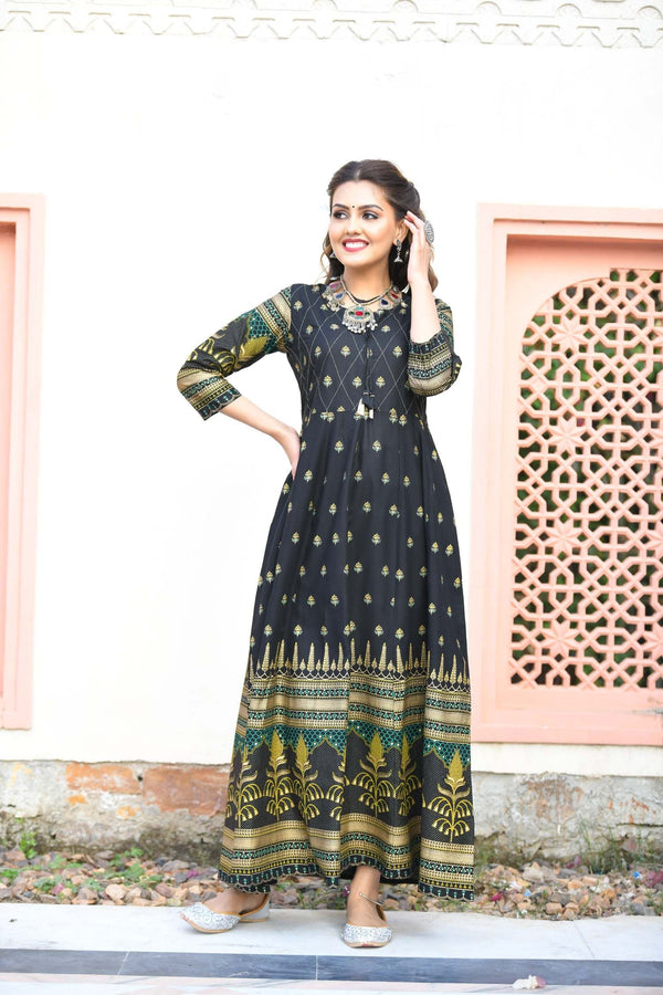 Women's Black Green Gold Printed Ethnic Kurta - KAAJH