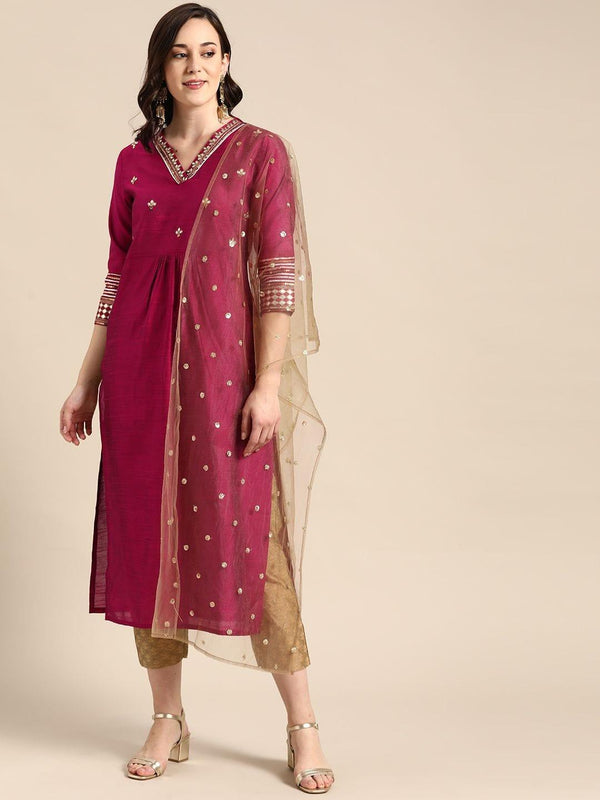 Women Magenta Pink & Gold-Coloured Embroidered Kurta With Trousers & Dupatta - Indiakreations