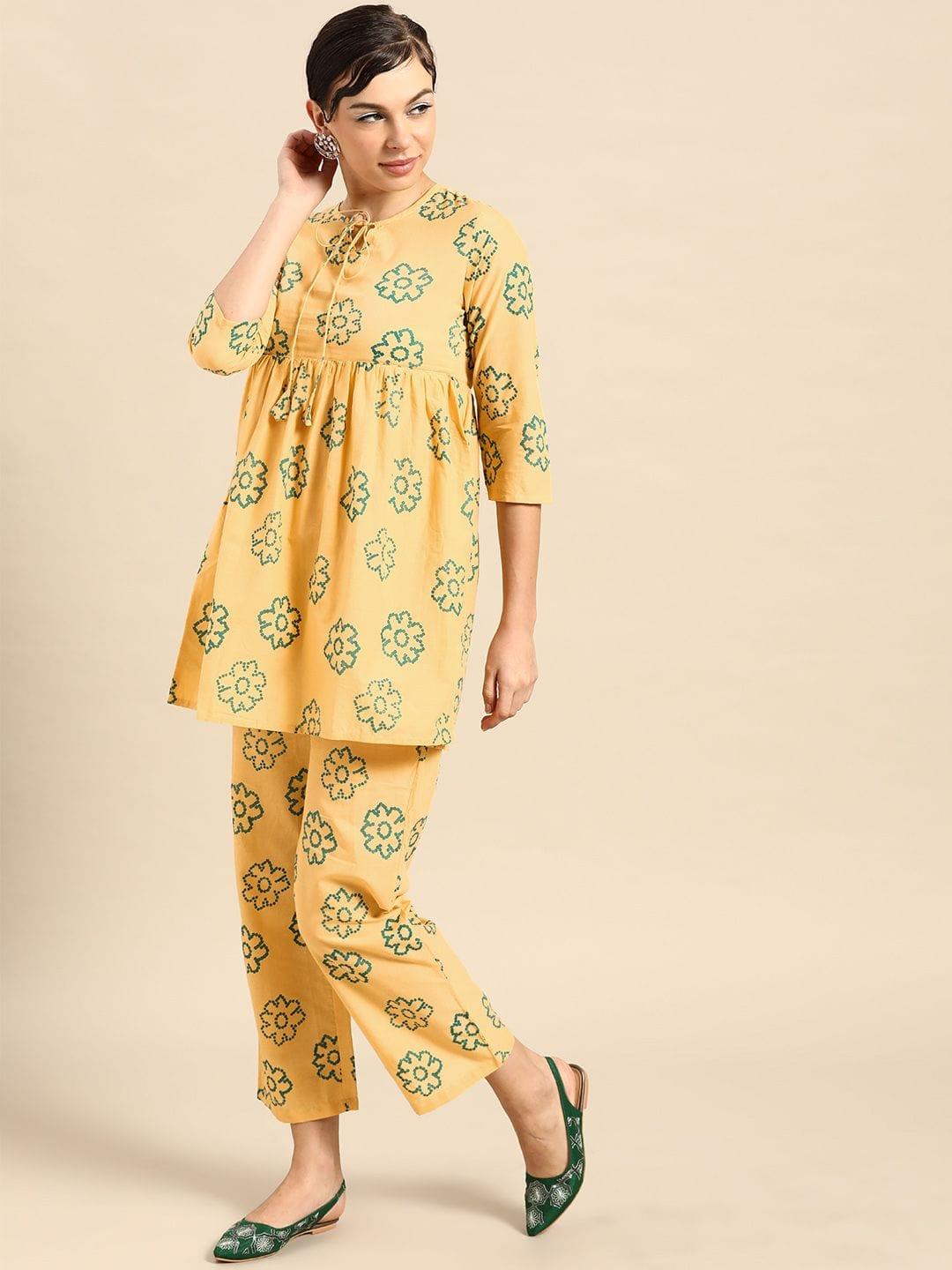 Yellow & Green Printed Pure Cotton Empire Kurti With Trousers - Indiakreations