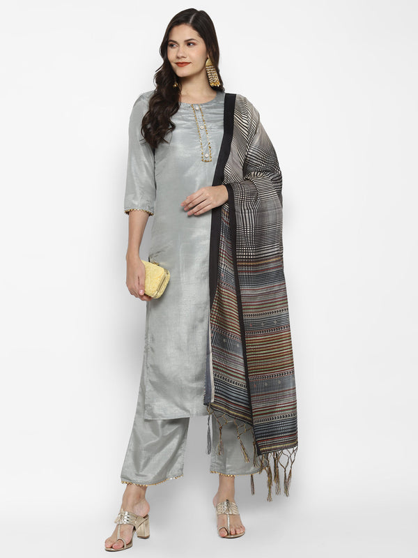 Women's Grey Color Silk Blend Straight Kurta Palazzo With Dupatta - VAABA